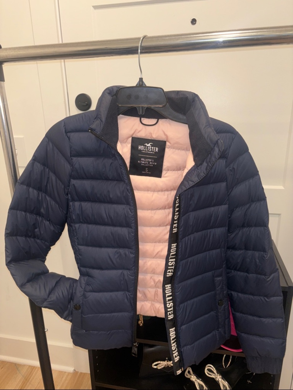 Hollister Navy Puffer Jacket with Pink Interior